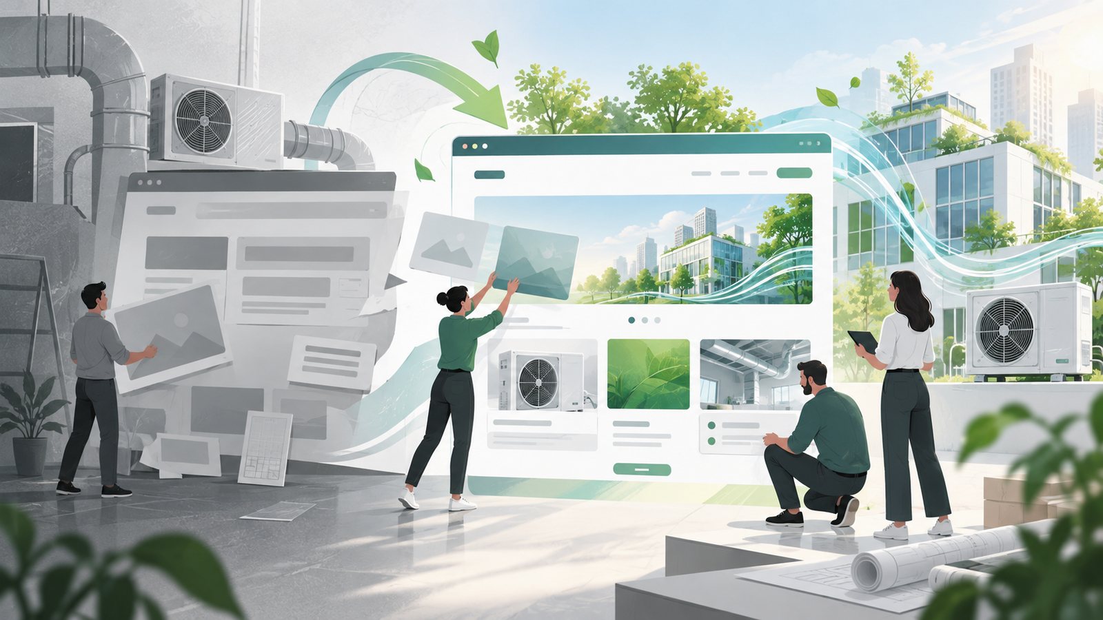 Team von Zollenkopf & Sohn gestaltet die neue Website – im Hintergrund Klima- und Lüftungstechnik